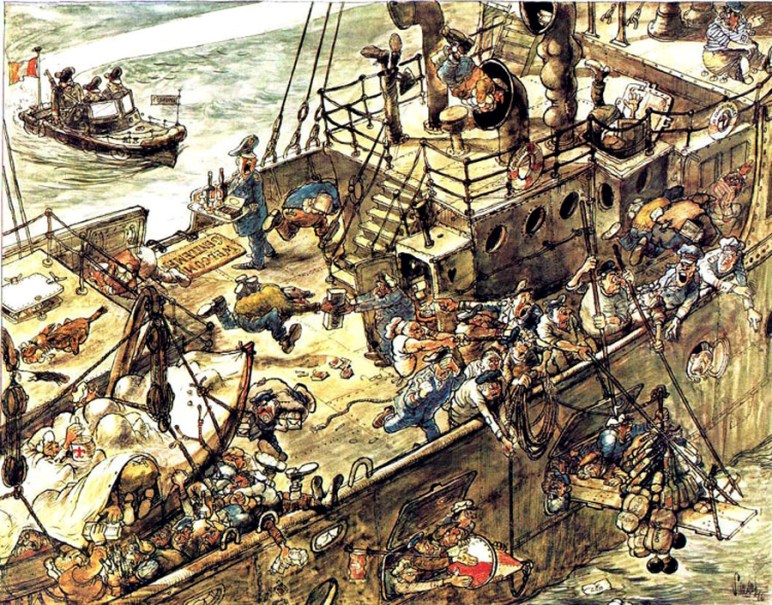 Las autoridades de aduanas se acercan ... Vis cómica del dibujante holandés Jan Sanders.