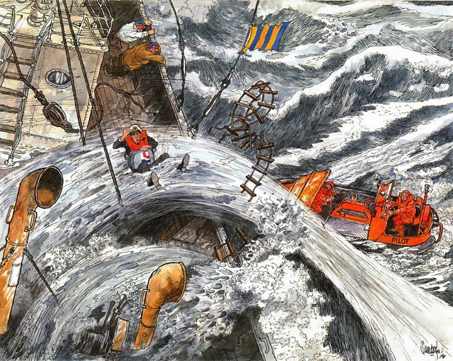 Llegada a bordo del práctico. Vis cómica de Jan Sanders.