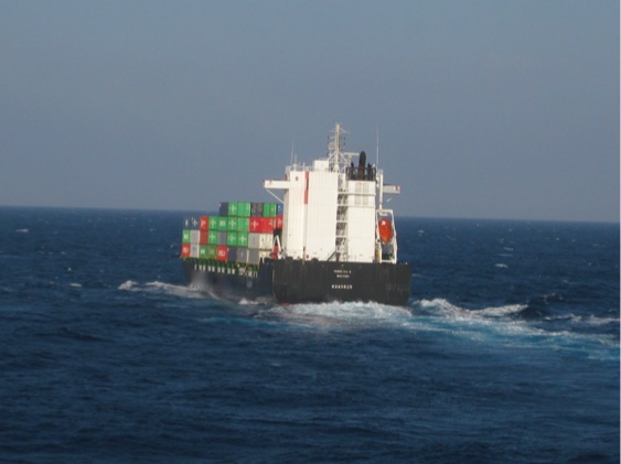 (...) y observo al portacontenedores avanzando a toda máquina, dejando una estela blanca y clara por la popa y proyectando una sombra negra y amenazadora sobre los pescadores.